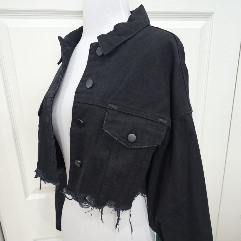 Dolls Kill Club Exx Rainbow Fringe Feel This Moment Black Denim Jacket Coat - Picture 4 of 9